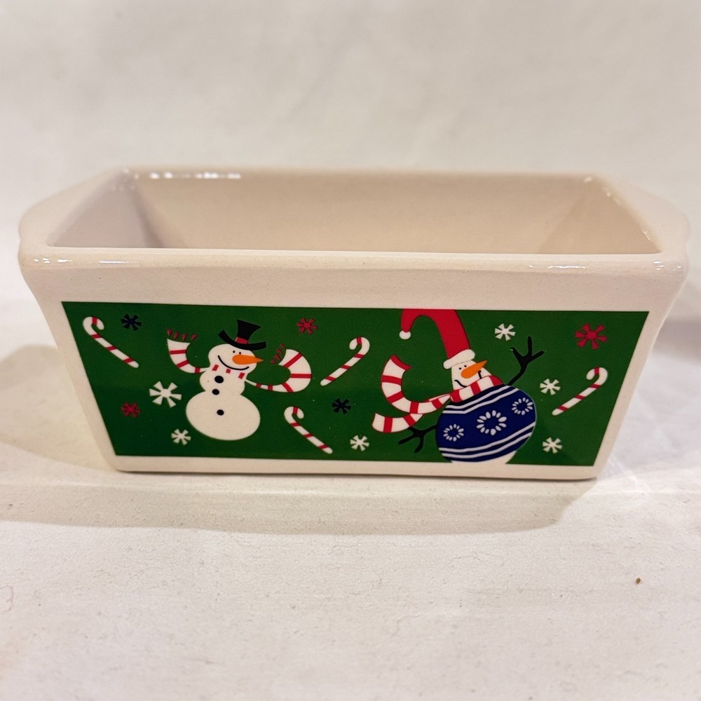 Old Time Pottery Christmas Mini Loaf Pan Green Snowmen Candy Canes Holiday‎ Dish